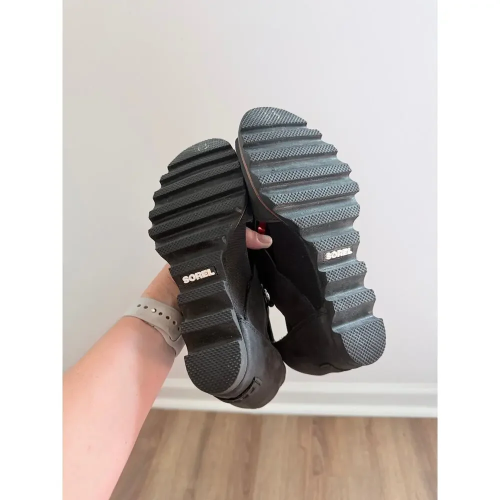 Sorel Joanie Sandal Lace Up Black Leather Wedge Cut Out Peep Toe-Size 7.5
